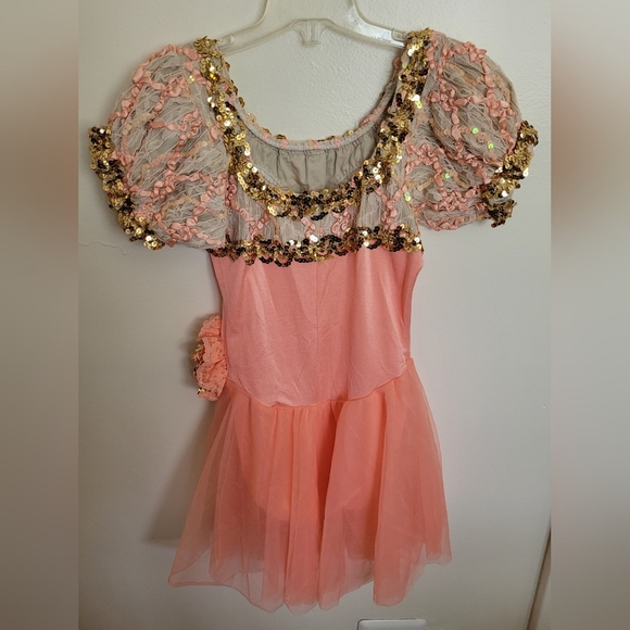 Couture Pageant Gold Peach Sequined Lace Dance Dress Size Medium Girls - Picture 5 of 11